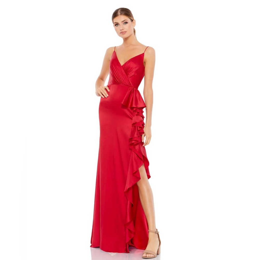 Mac Duggal SATIN RUFFLED ASYMMETRICAL GOWN